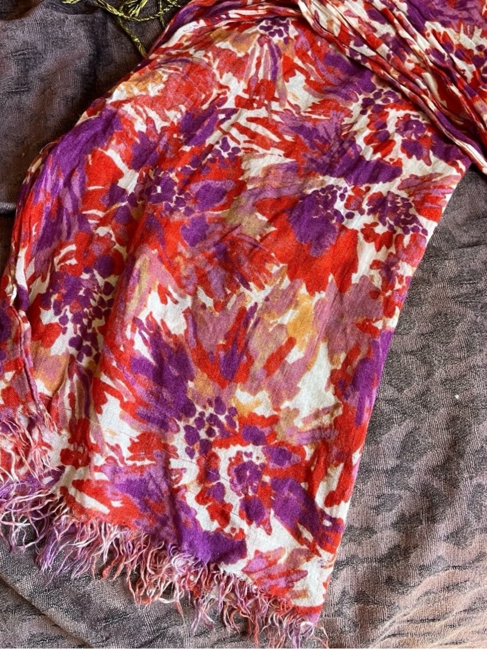 Vibrant Abstract Print Lightweight Scarf — Red, Purple, White - Picture 5 of 5